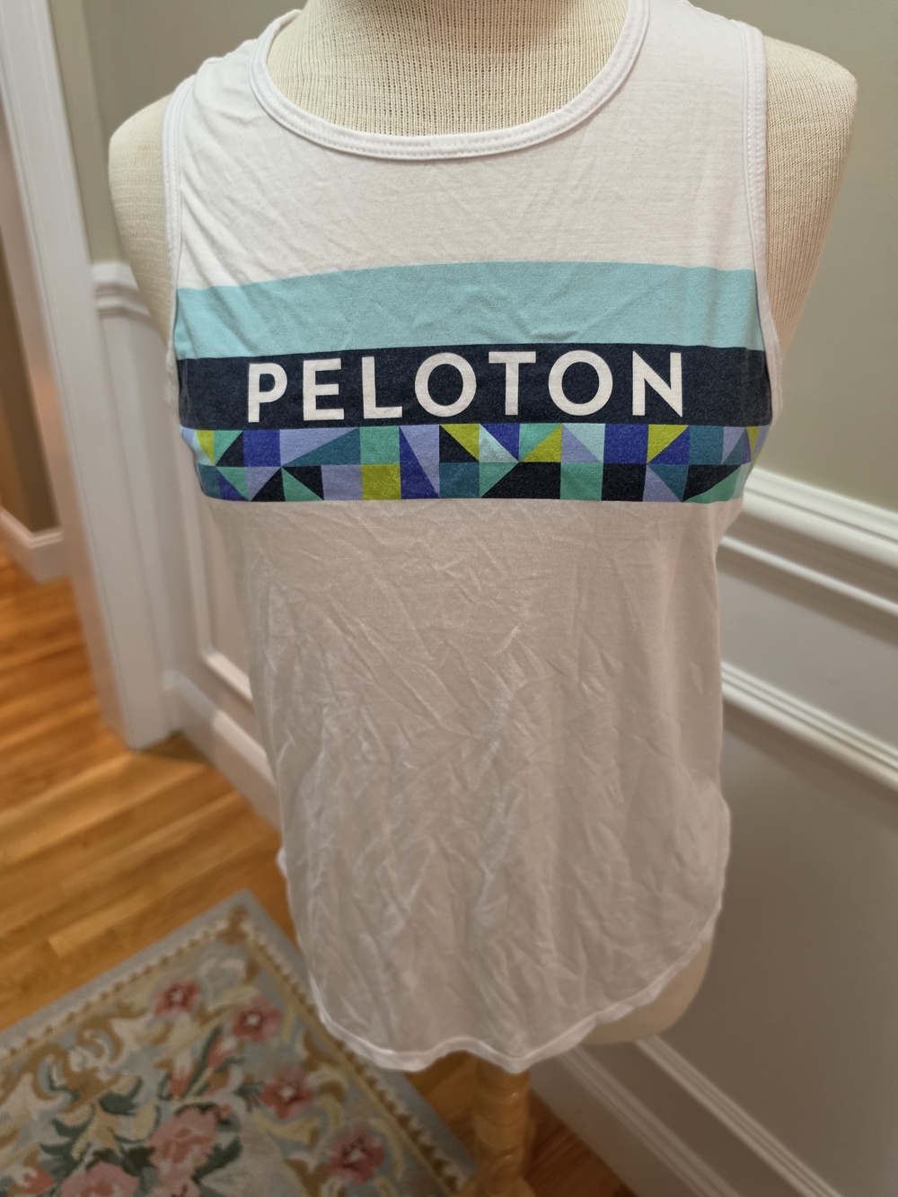 Peloton White Graphic Tank Top with Blue Geometric Stripe